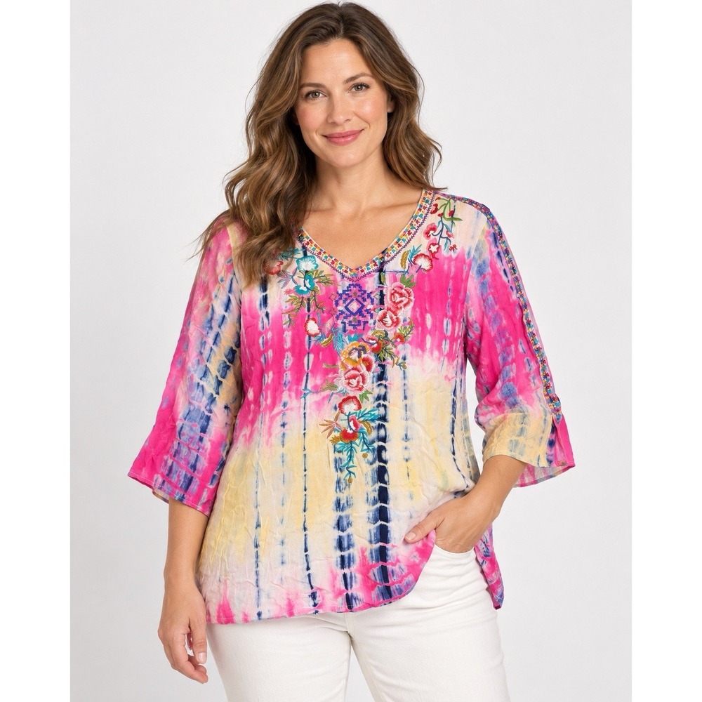 Calessa Women's XL Tie Dye Floral Embroidered Boho V Neck Blouse Pink Rayon